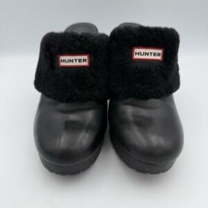Hunter Bruson Shearling Lined Black Leather‎ Clogs Heels Mules Womens US Size 7